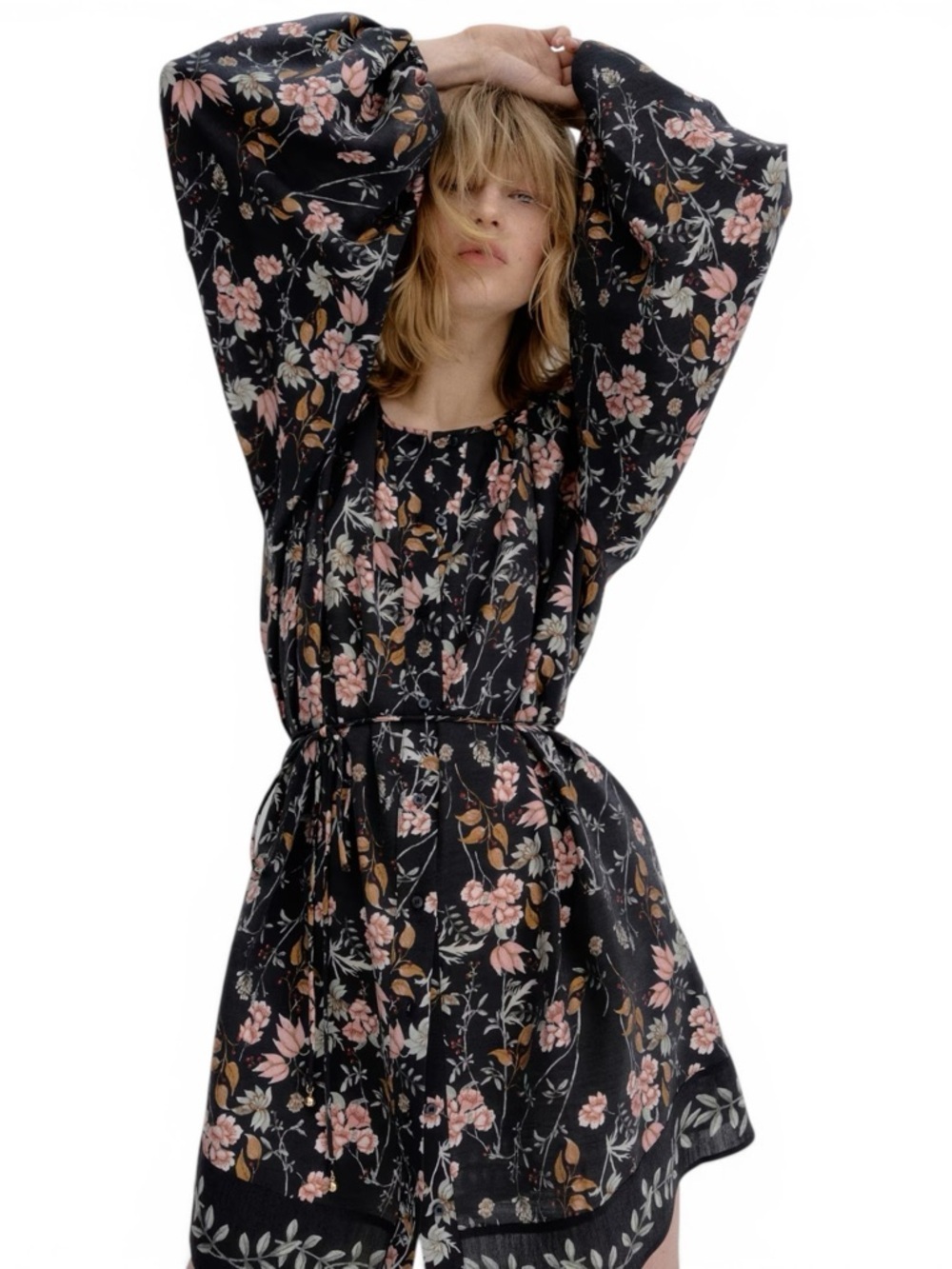 Black Floral Oversized Tie-Belt Mini Dress Women’s M Long Balloon Sleeve